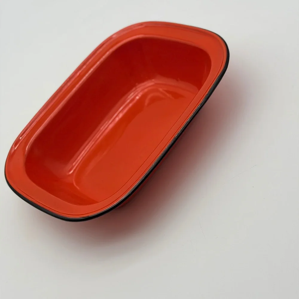 Vintage Orange Enamelware Loaf Pan Rectangular Baking Dish Black Trim 10.5 Inch